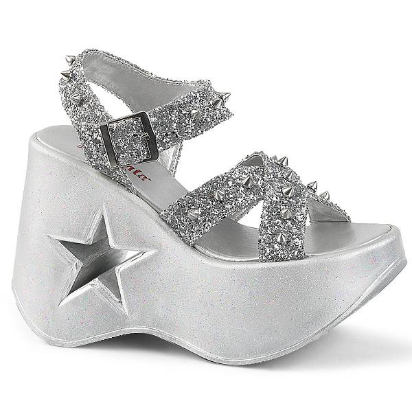 Demonia Women's Dynamite-02 Platform Wedge Sandals - Silver Glitter D7480-25US Clearance